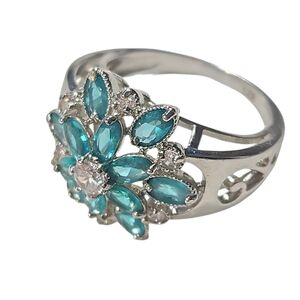 Sterling Silver 925 Teal Blue Floral Cluster Ring Marquise Stones Vtg Style. 11